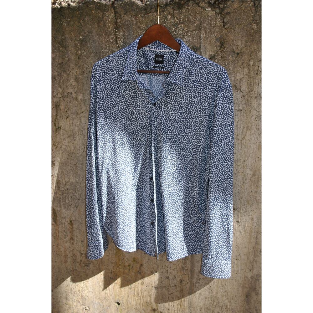 Hugo Boss Navy Blue Micro Floral Long Sleeve Shirt – Sharp Fit – Size XL